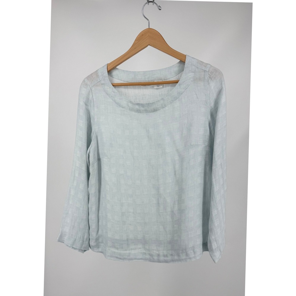 Sigrid Olsen Linen Blouse Womens Medium Blue Check Scoop Neck Coastal Top